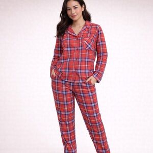 Red Plaid Cotton Pajama Set Button Front Christmas Sleepwear Size L